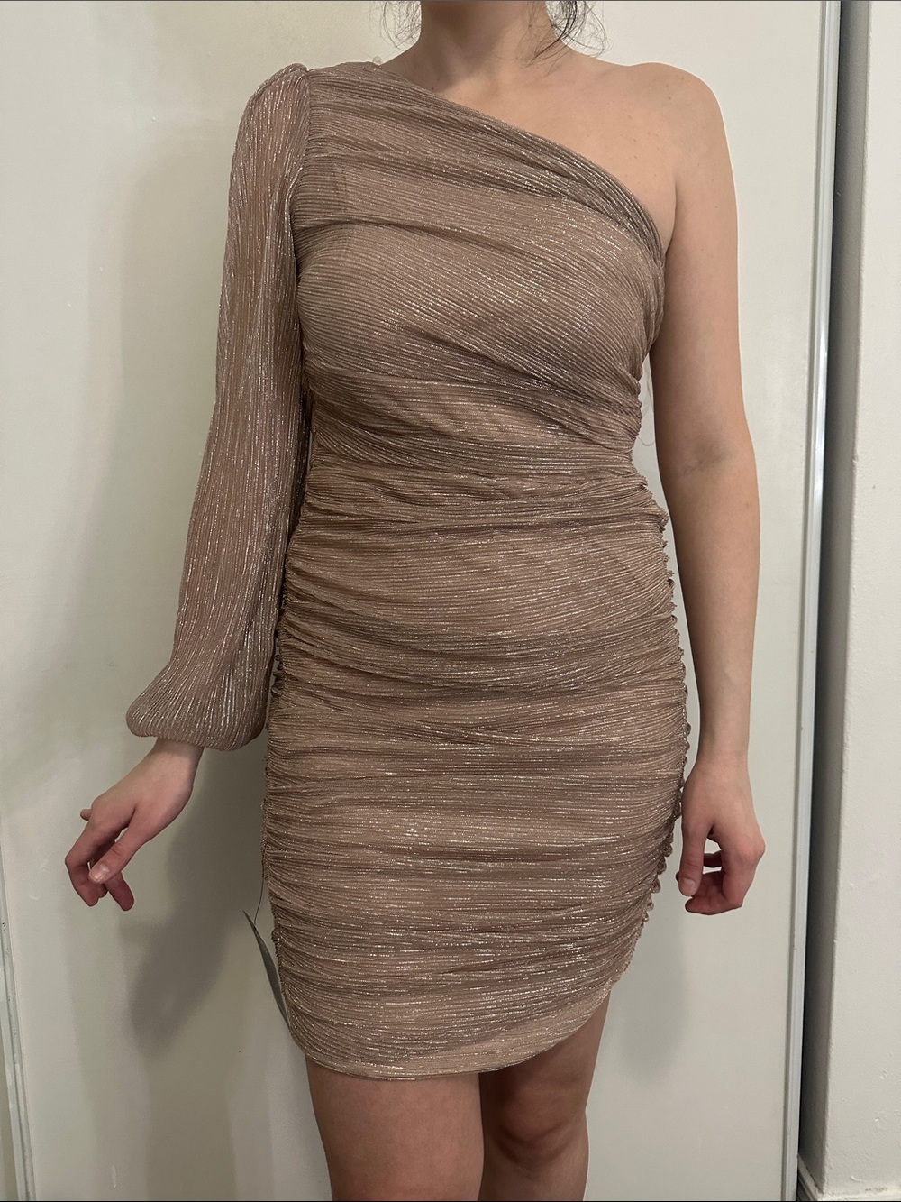 le chateau One-Shoulder Metallic Taupe Dress